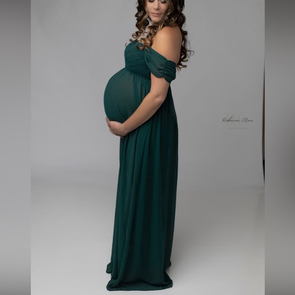 Pinkblush Dresses & Skirts - Forest Green Off Shoulder Chiffon Maxi Maternity Dress